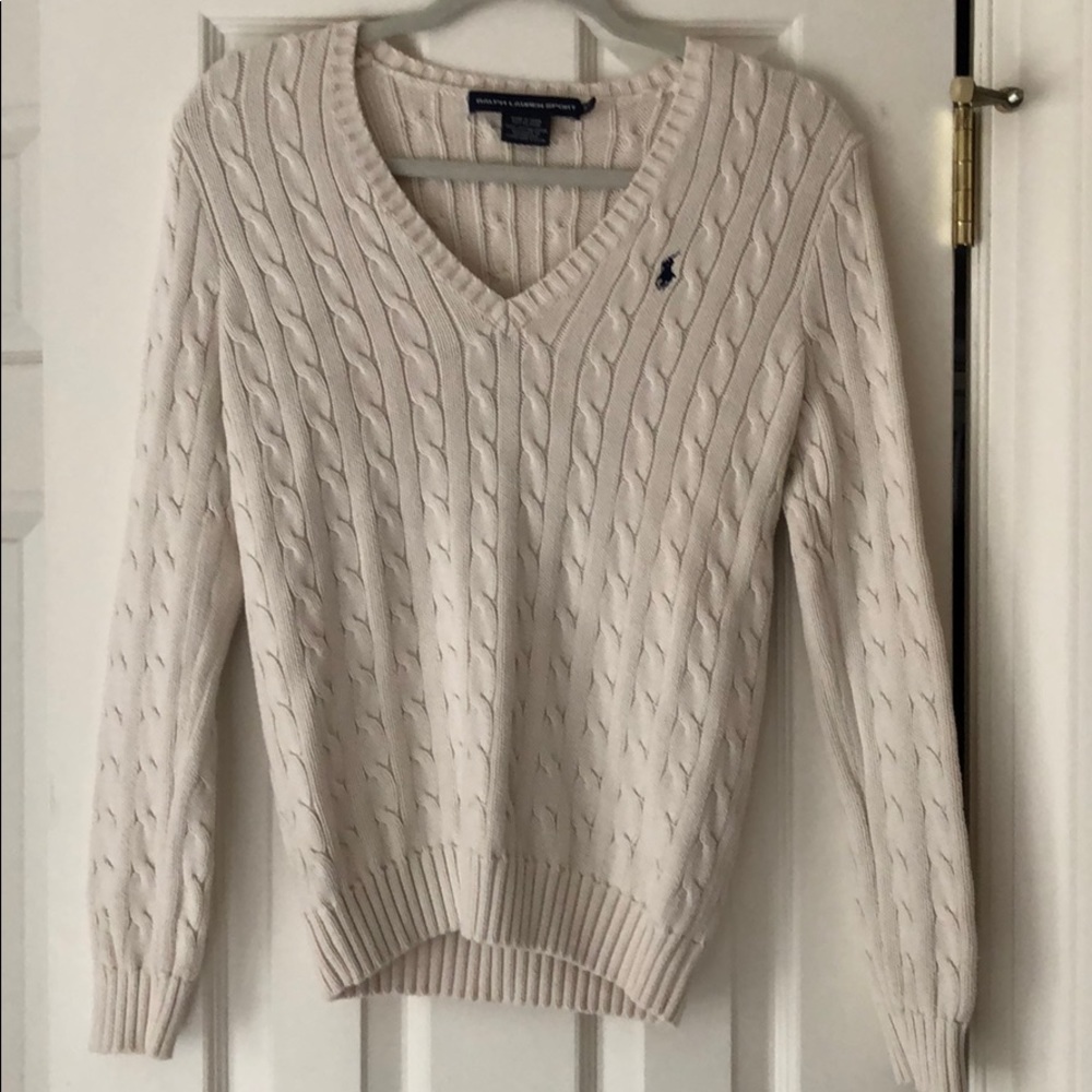 Ralph Lauren White Cable-knit V-Neck Sweater, M